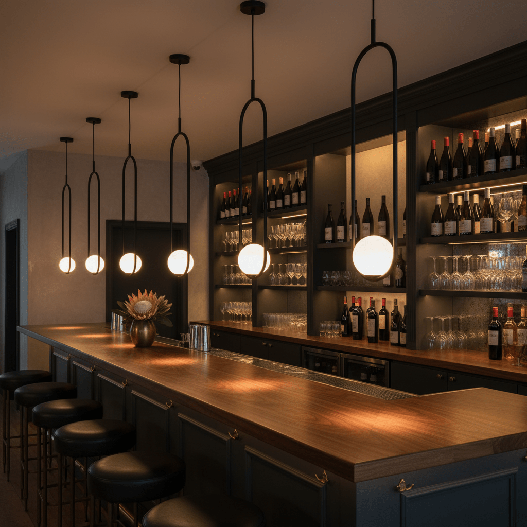 Luna Long G9 pendant lights in a stylish bar setting, illuminating a wooden counter with bottles in the background.