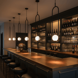 Luna Long G9 pendant lights in a stylish bar setting, illuminating a wooden counter with bottles in the background.
