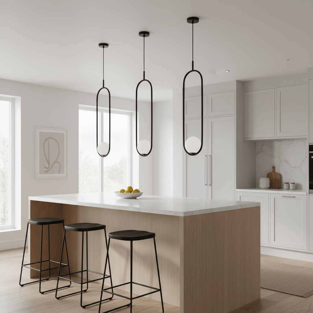 Three black pendant lights hang above a modern kitchen island with wooden stools and a bowl of lemons.