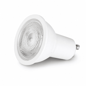 Ultra 5W GU10 LED lamp with a white polycarbonate body and clear lens, angled view.