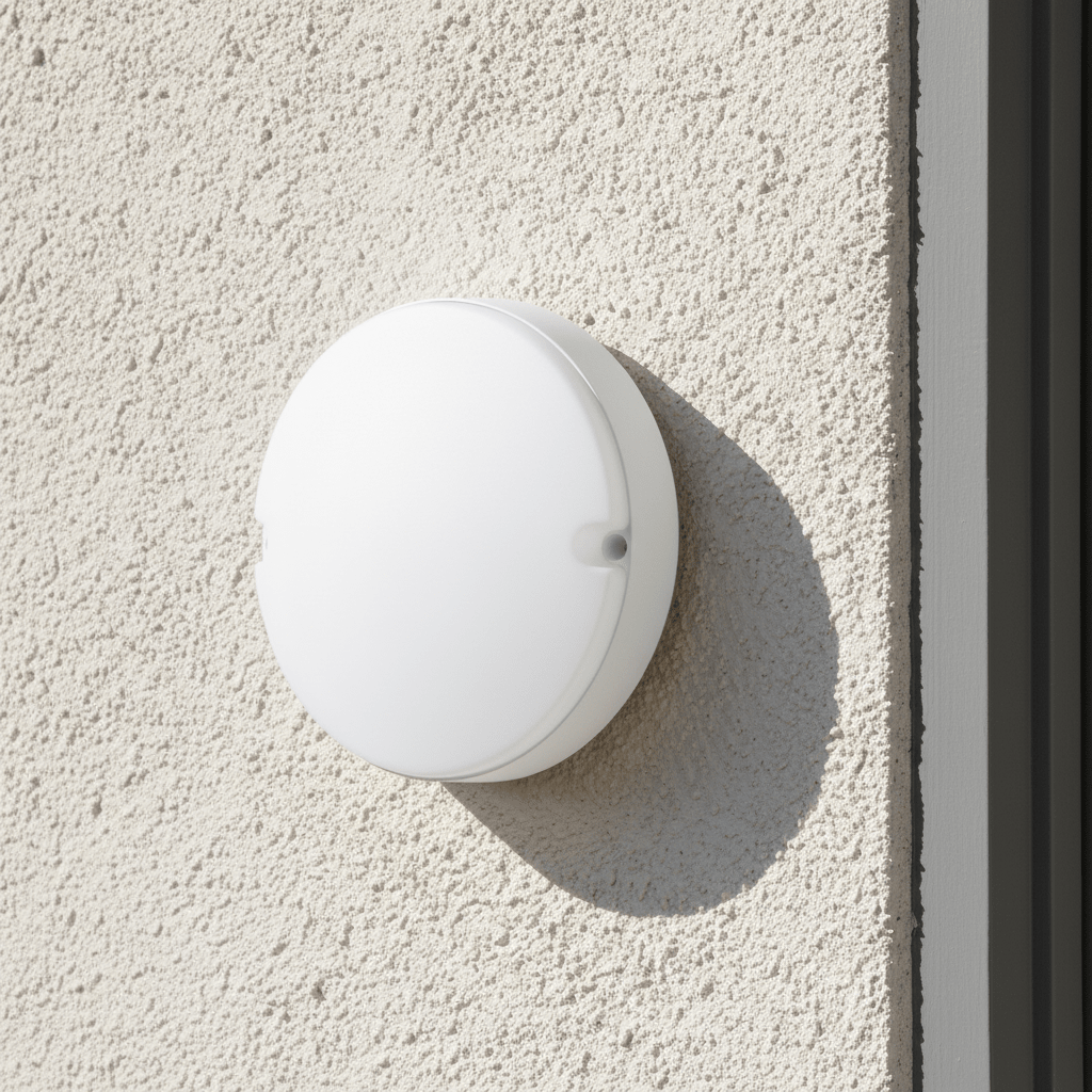 Close-up of a 15W LED SMD round bulkhead light mounted on a textured wall, showcasing its sleek white design.