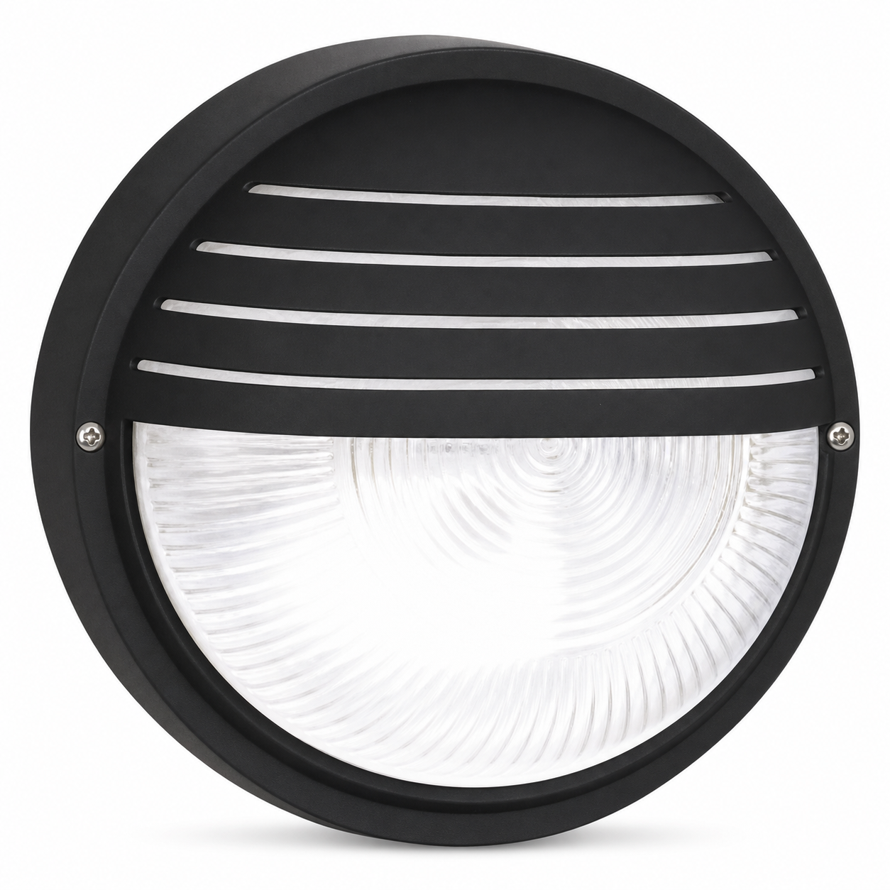 Round black PVC bulkhead light with clear glass cover and grid front, designed for outdoor use.
