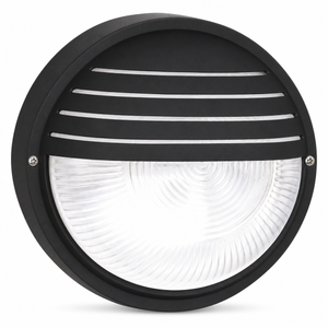 Round black PVC bulkhead light with clear glass cover and grid front, designed for outdoor use.