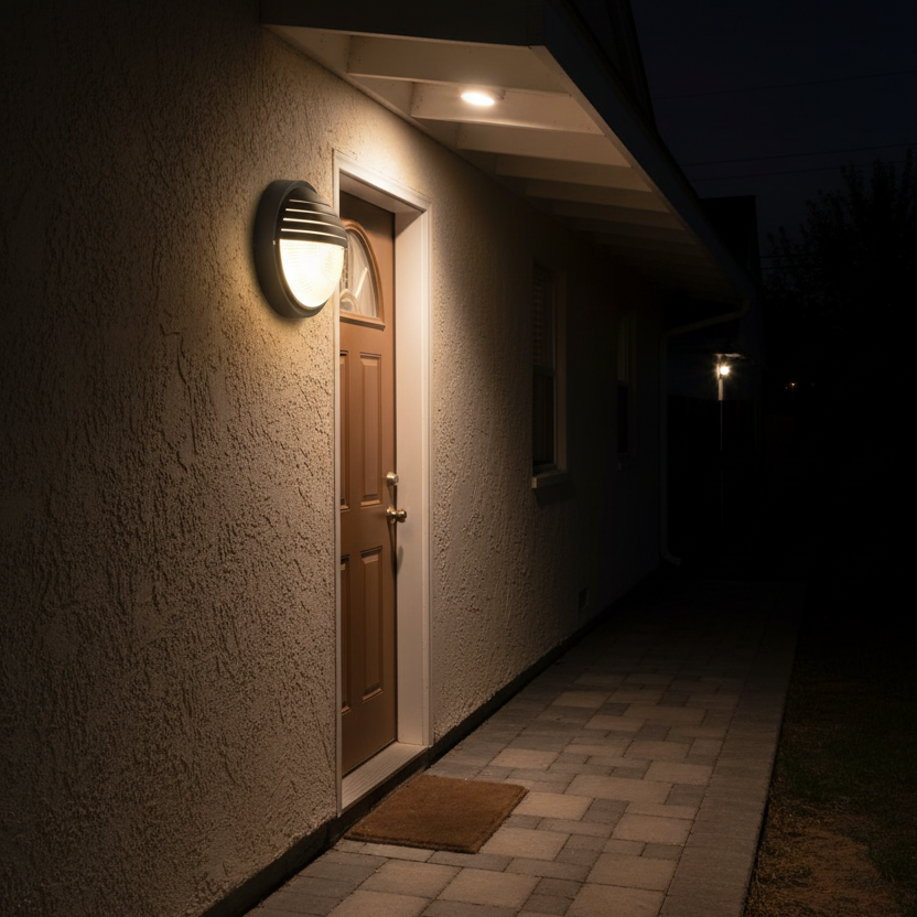 Round black PVC bulkhead light mounted beside a door, illuminating the entrance area at night.