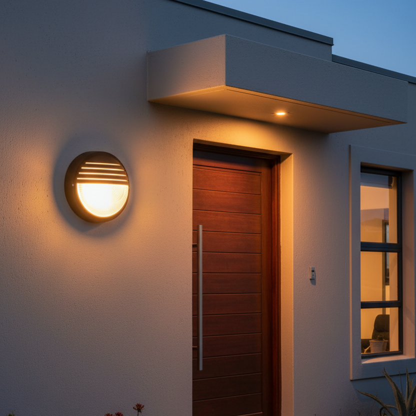 Round black PVC bulkhead light with clear glass cover illuminating an entrance area.