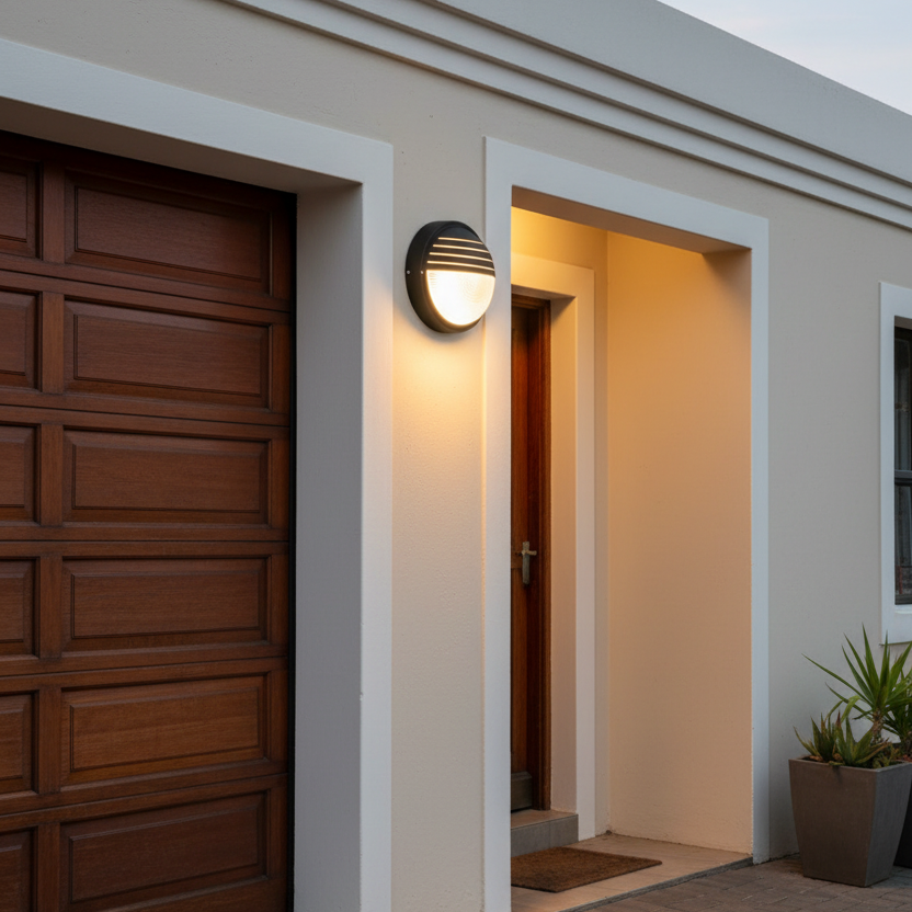 Round black PVC bulkhead light mounted beside a wooden garage door, illuminating the entrance.