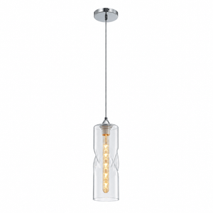 Clear twisted glass pendant light with chrome fixture, showcasing a warm bulb inside.
