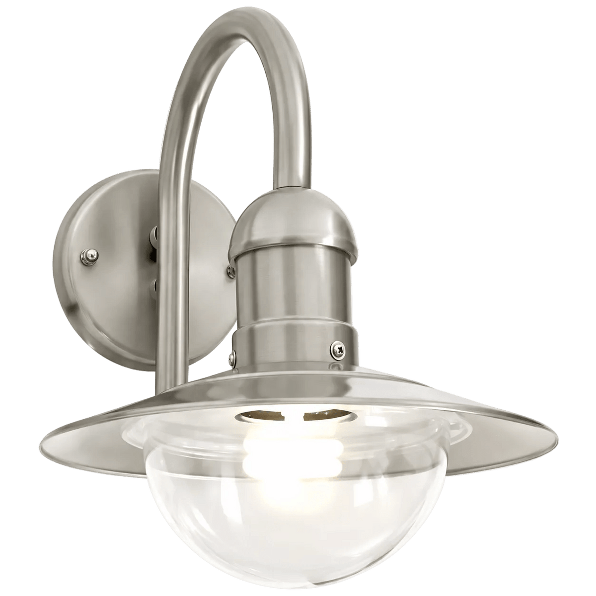 Stainless steel outdoor wall light with curved arm, circular backplate, clear dome cover and illuminated bulb.