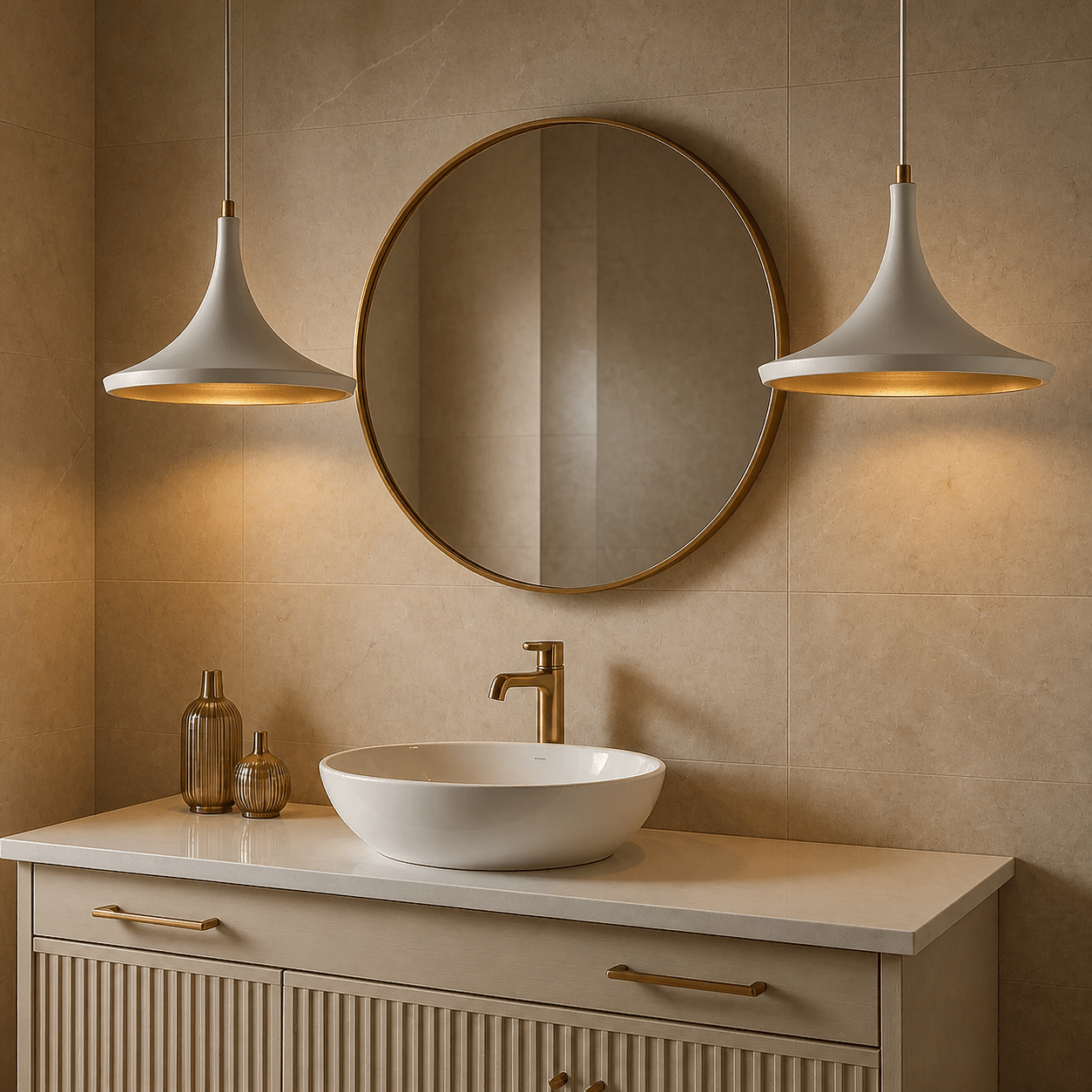 Two white and gold conical pendant lights hang above a modern sink and mirror setup.