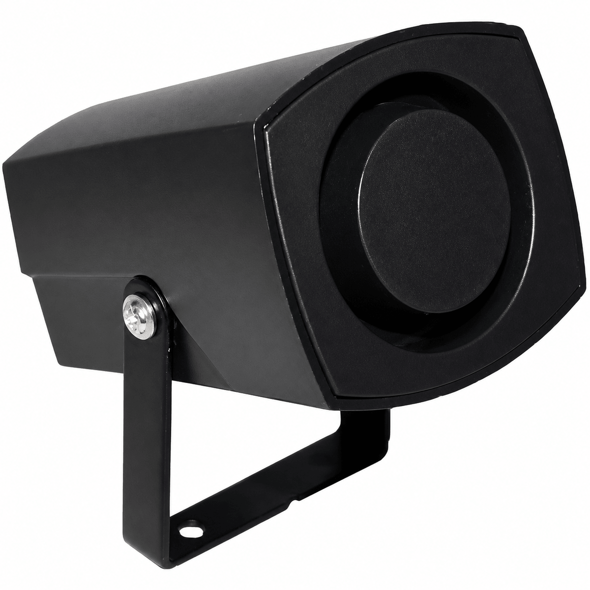 Compact black 12V alarm siren with a mounting bracket, designed for outdoor use.