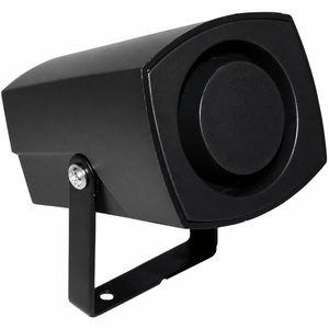 Compact black 12V alarm siren with a mounting bracket, designed for outdoor use.