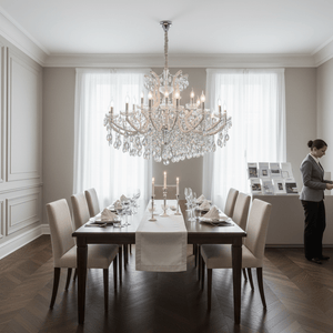 Extra large white arm crystal chandelier hanging above an elegantly set dining table.