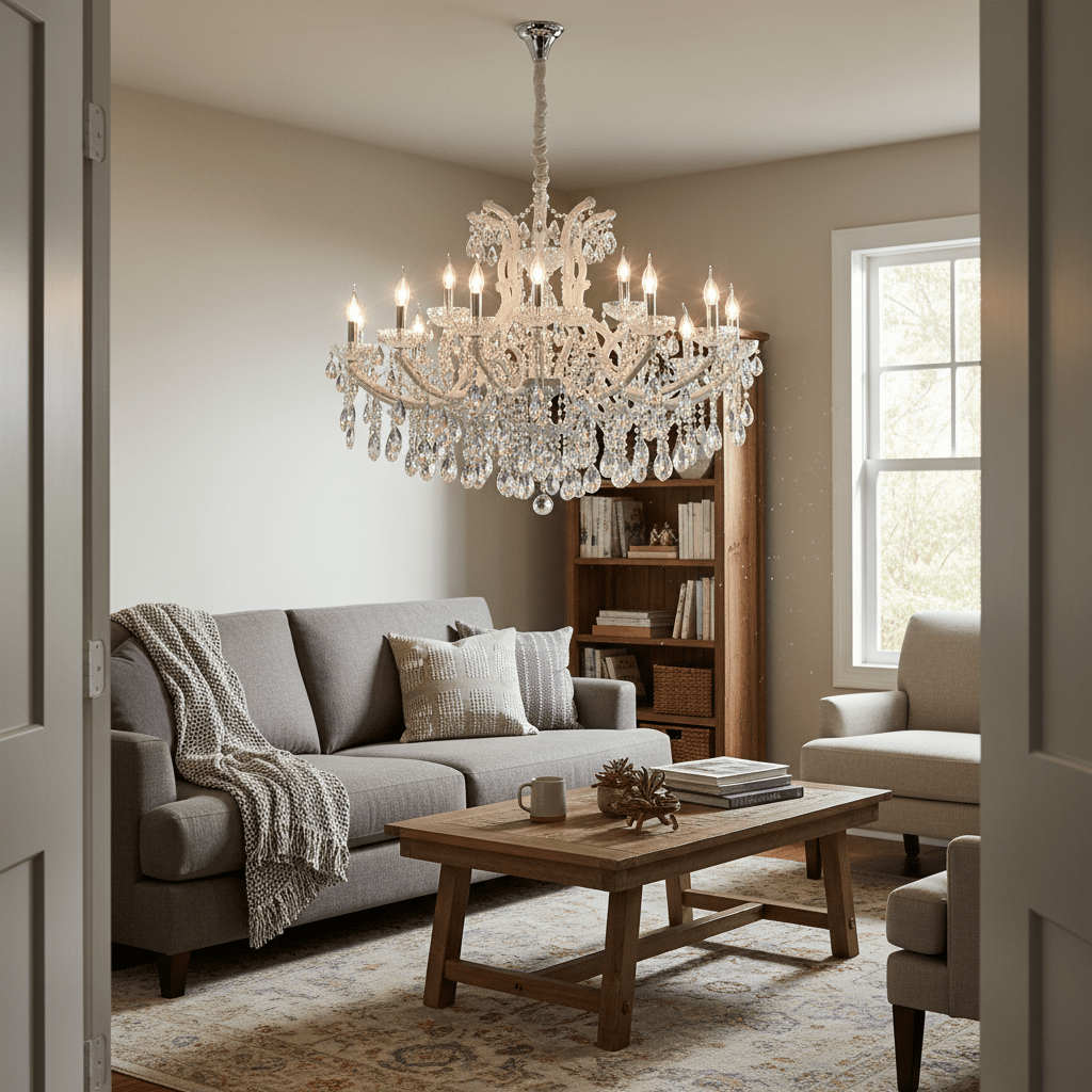 Extra large white arm crystal chandelier hanging above a wooden coffee table in a cozy living room.