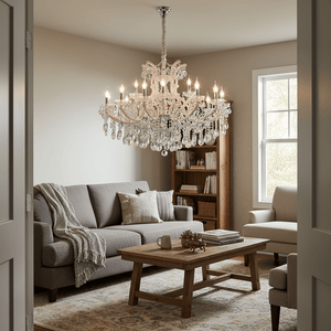 Extra large white arm crystal chandelier hanging above a wooden coffee table in a cozy living room.