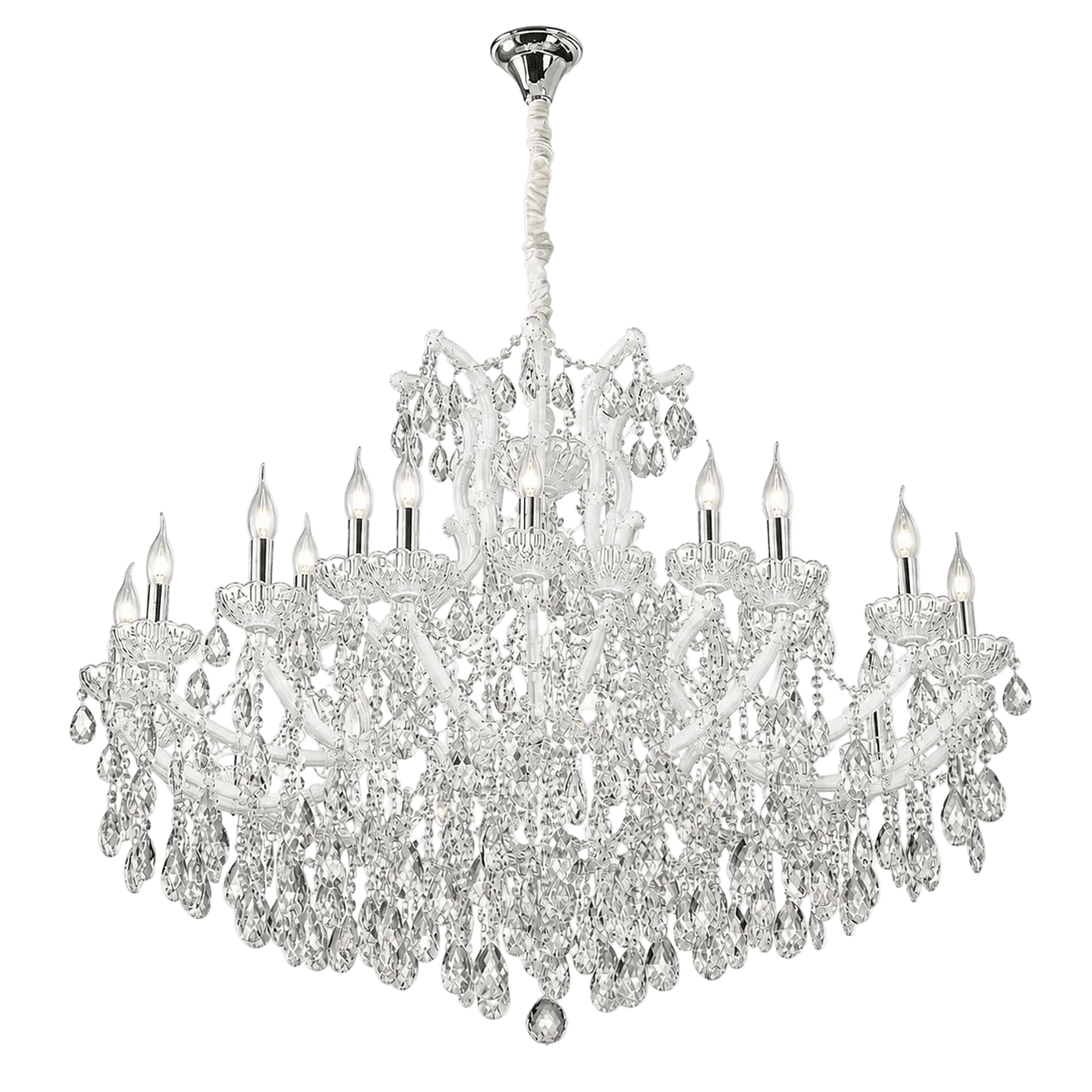 Extra large white arm crystal chandelier with multiple candle-like bulbs and hanging crystal accents.