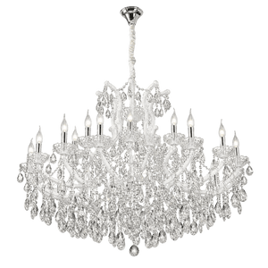 Extra large white arm crystal chandelier with multiple candle-like bulbs and hanging crystal accents.