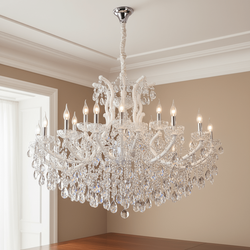Elegant extra-large white arm crystal chandelier with 25 E14 lamp positions, showcasing intricate details and sparkling