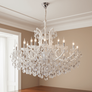 Elegant extra-large white arm crystal chandelier with 25 E14 lamp positions, showcasing intricate details and sparkling