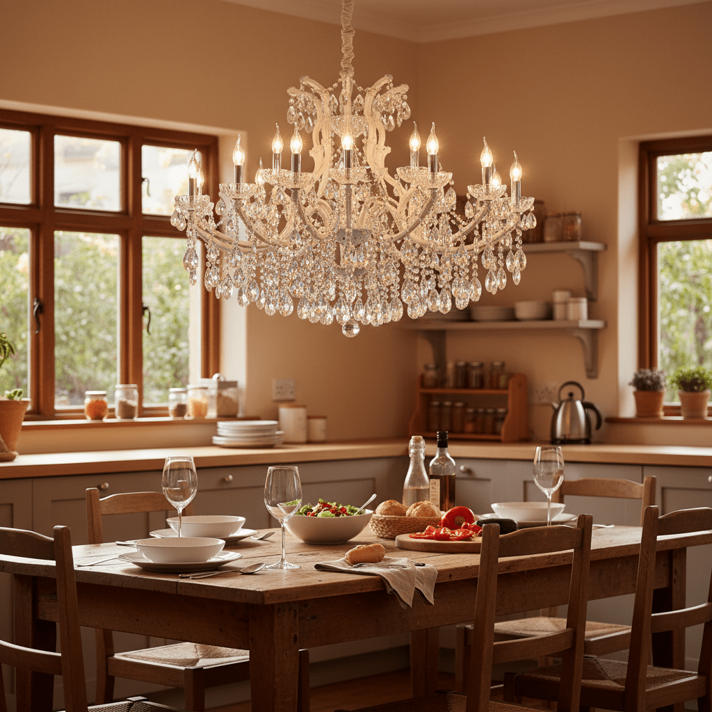 Extra large white arm crystal chandelier illuminating a dining table set with plates and glasses.