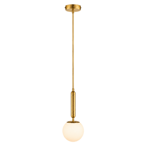 Antique brass pendant light with frosted white glass globe and adjustable rod