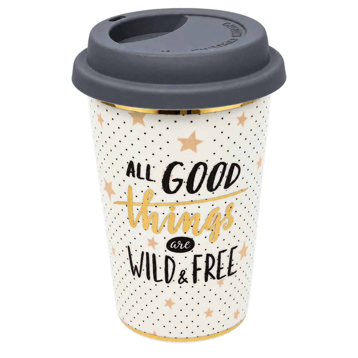 White ceramic travel mug with grey lid, black dot pattern, gold stars, gold trim, and 'ALL GOOD things are WILD & FREE'