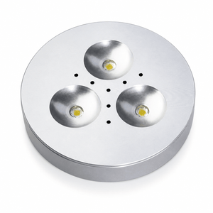 Three LED puck lights in a circular silver housing, designed for under-cabinet lighting.
