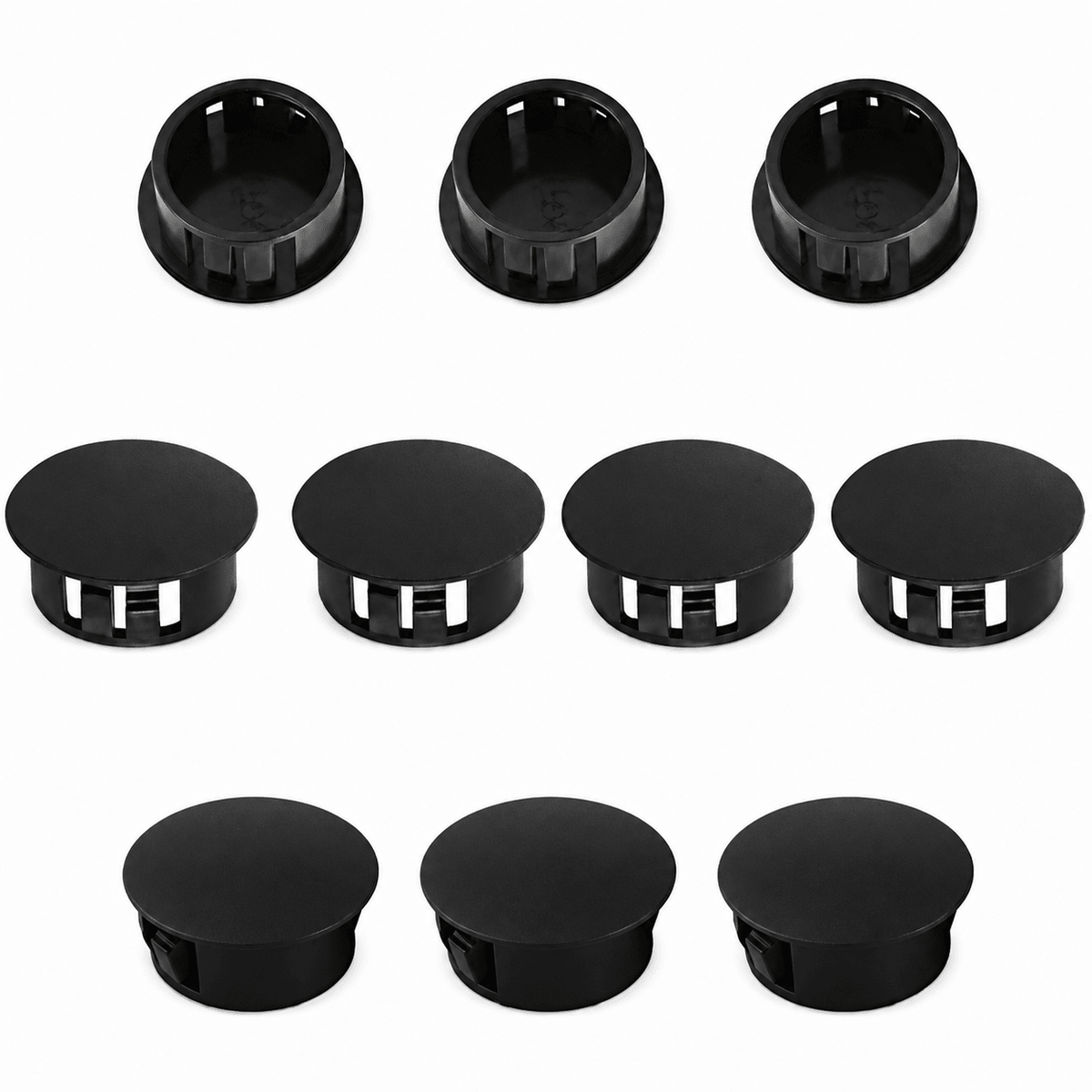 Ten 13mm black plastic hole plugs arranged in two rows, showcasing their design and functionality.
