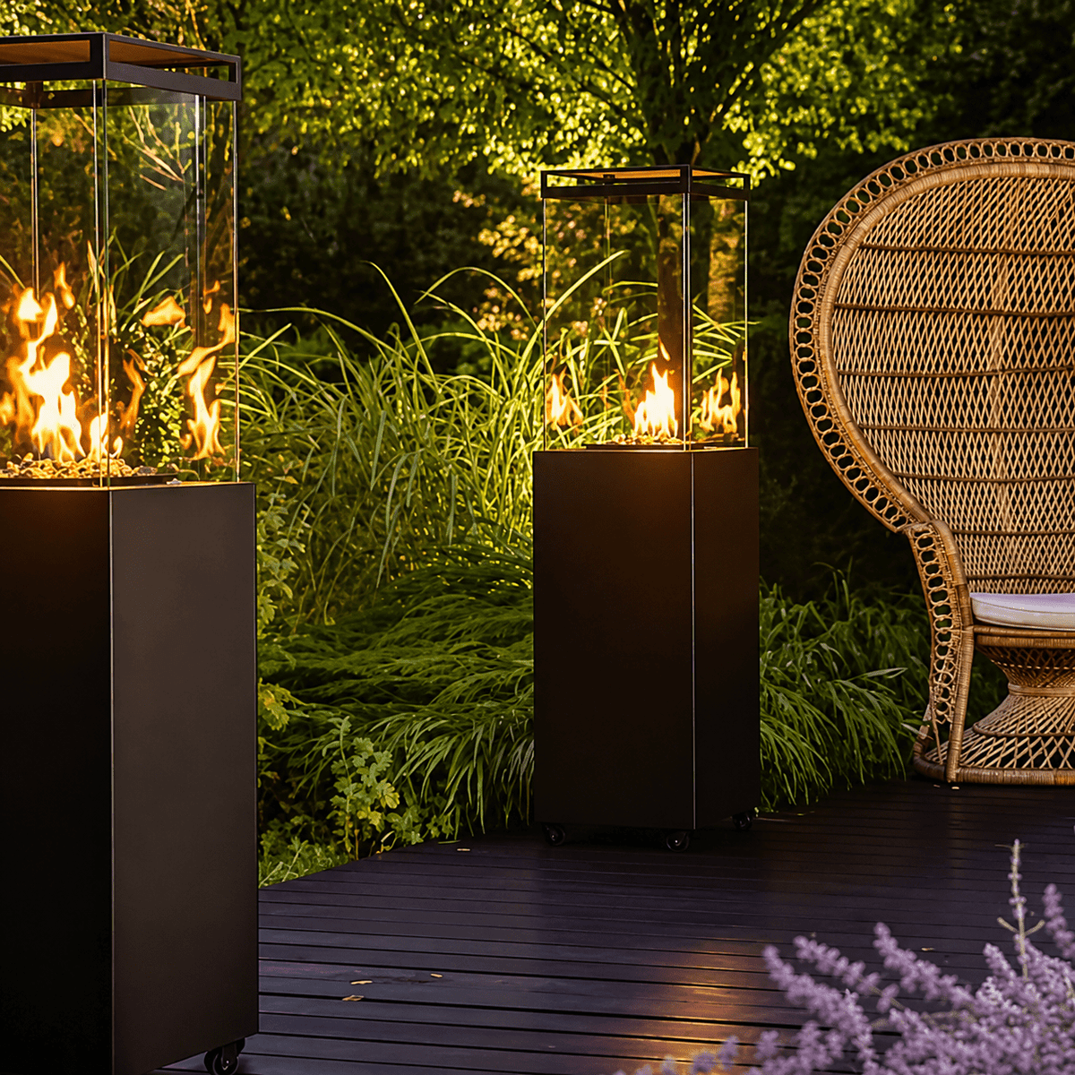 Two Fire Cube space heaters with flames, surrounded by greenery and a wicker chair on a wooden deck.