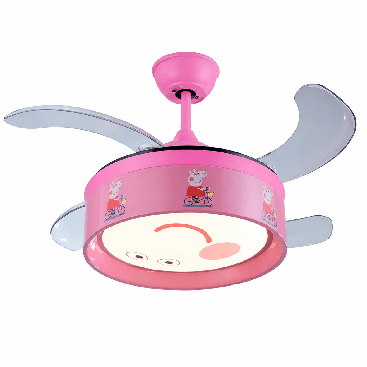 Peppa Pig pink retractable LED ceiling fan with playful design and light.