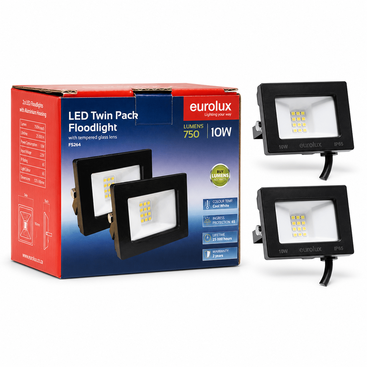 LED Flood Light Twin Pack - 10W in black housing with packaging, showcasing two flood lights and specifications.