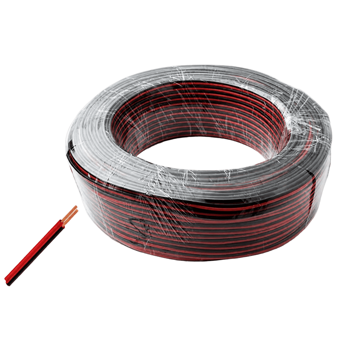 A coiled length of black and red ripcord wire, partially wrapped in clear plastic, with a short red wire segment beside it.