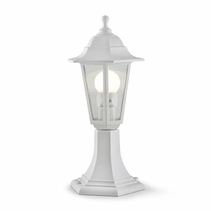 White six-panel pedestal lantern with clear panels and a bulb, showcasing a classic outdoor lighting design.