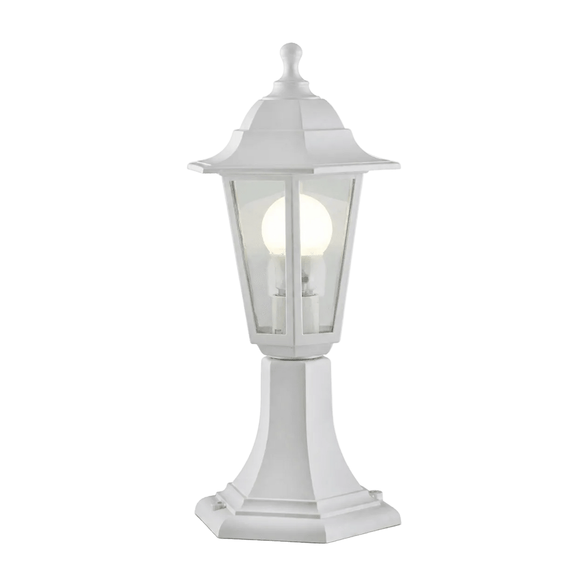 White six-panel pedestal lantern with a decorative top and a central light bulb, featuring a smooth finish.