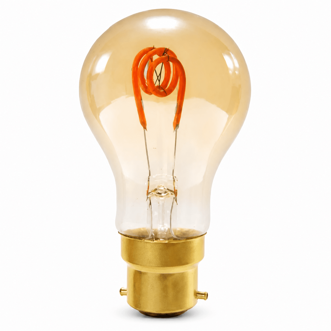 Amber LED filament bulb with a B22 base, showcasing a warm glow and vintage design.