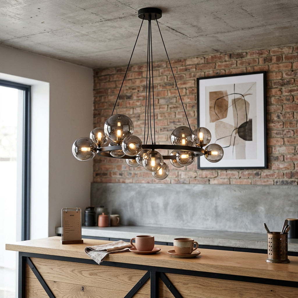 230V 3.5W G9 LED Round Bubble Glass Pendant (Option 1 Display) - Black & Antique Brass with Smoke Glass
