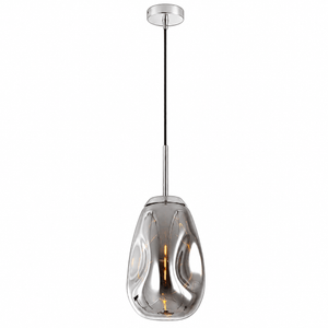 Chrome-finished pendant light with smoky glass shade and visible filament bulb, hanging from a ceiling canopy.