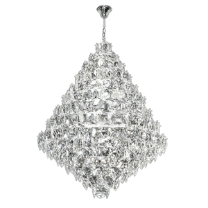 Large diamond crystal chandelier with a tiered design, featuring numerous clear crystals and a chrome finish.