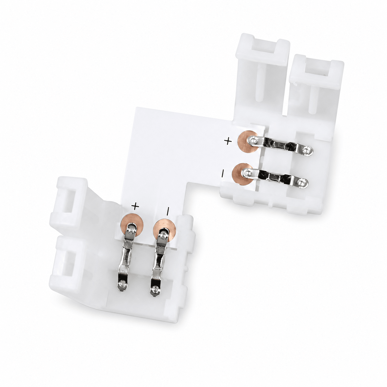 Solderless L-shape snap connector for 3528 LED strip lights, featuring copper contacts and clip design.