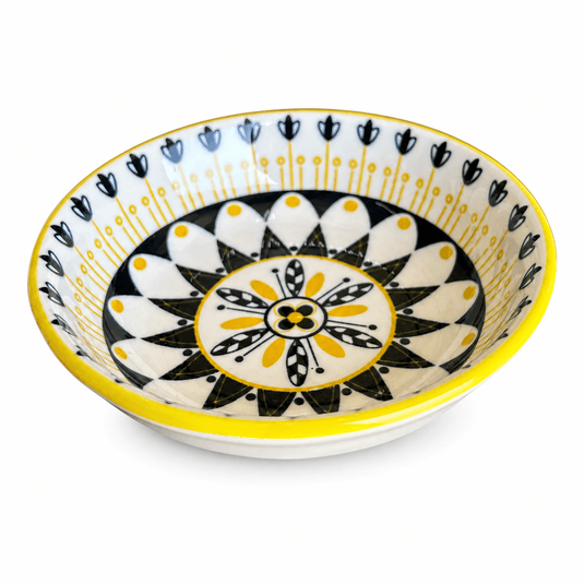 Tiny ceramic bowl featuring a black and yellow mandala design, ideal for serving sauces or small treats.