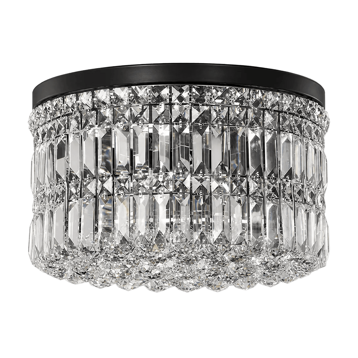 Large round ceiling fitting made of K9 crystal, featuring a black metal rim and a faceted design that reflects light.