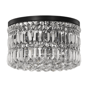Large round ceiling fitting made of K9 crystal, featuring a black metal rim and a faceted design that reflects light.