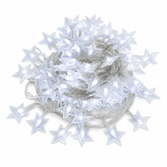 5M LED fairy string lights with star-shaped bulbs, coiled for display.
