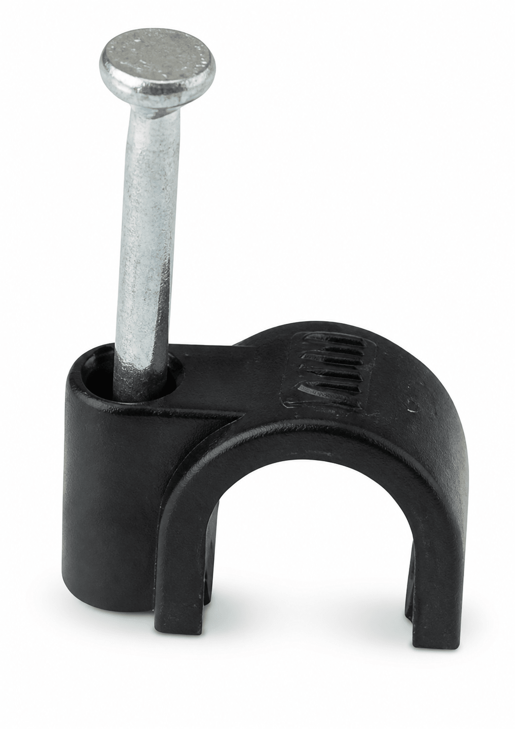 Black round 8mm cable clip with a nail for securing cables, ideal for indoor use.
