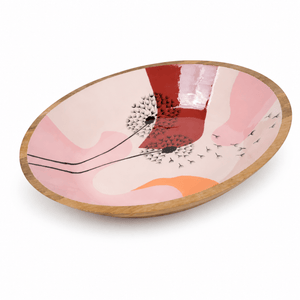 Hand-painted mango wood bowl featuring a dandelion pattern, ideal for serving snacks or as a decorative piece.