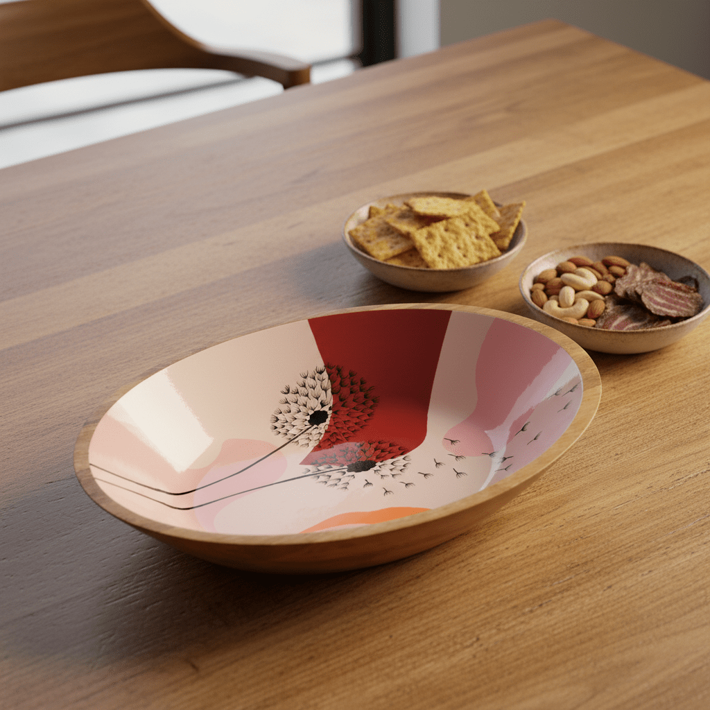 wooden dandelion-pattern bowl holding fruit on a table