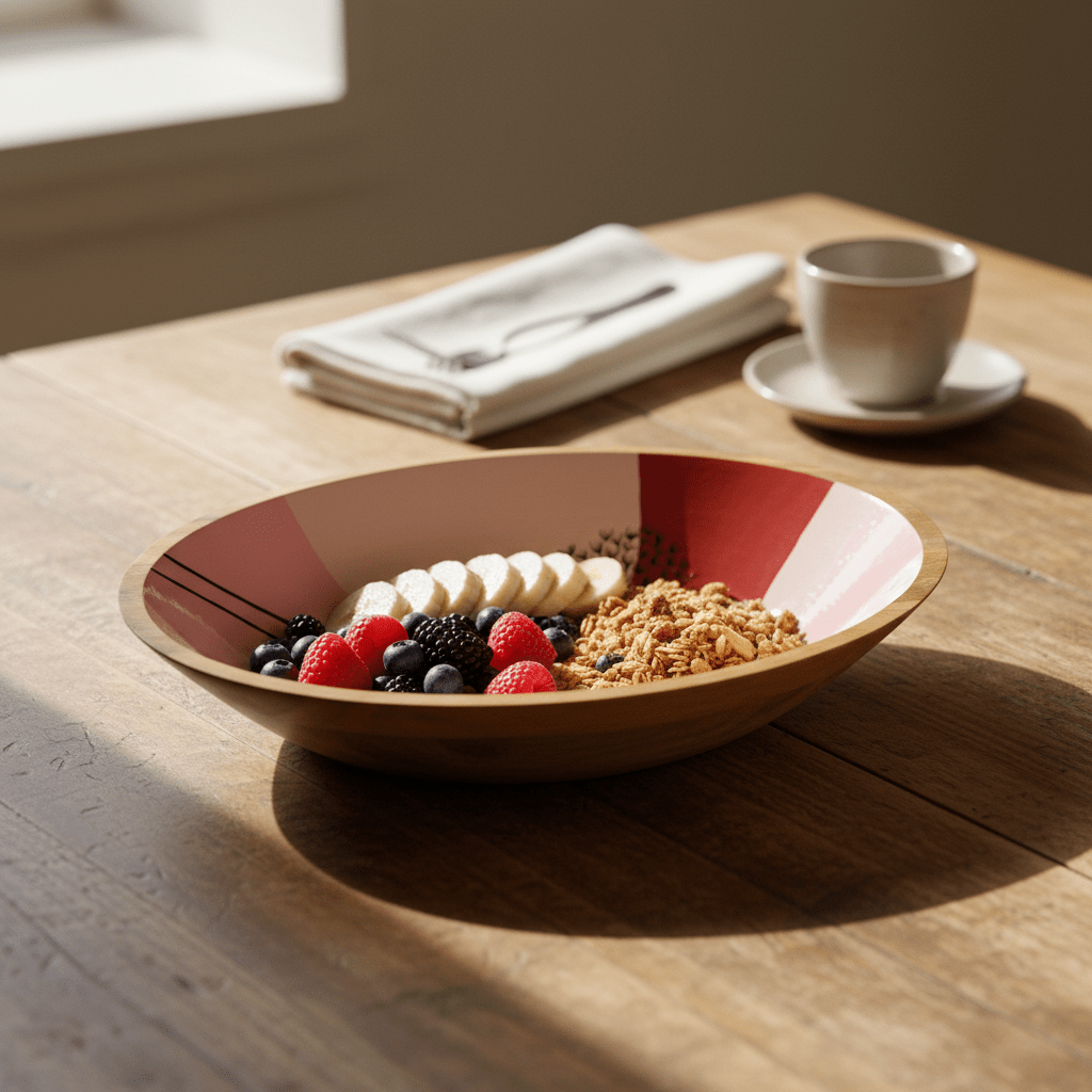 wooden dandelion-pattern bowl styled on a table with fruit and a cup