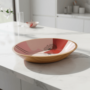 wooden dandelion-pattern bowl styled with fruit beside a light table setting