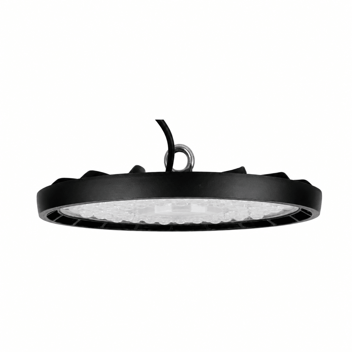 200W UFO LED High-Bay light with a durable black aluminum frame and polycarbonate lens, designed for commercial use.