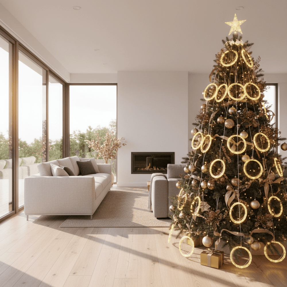 A beautifully decorated Christmas tree with warm white fairy curtain lights, surrounded by a cozy living room setting.