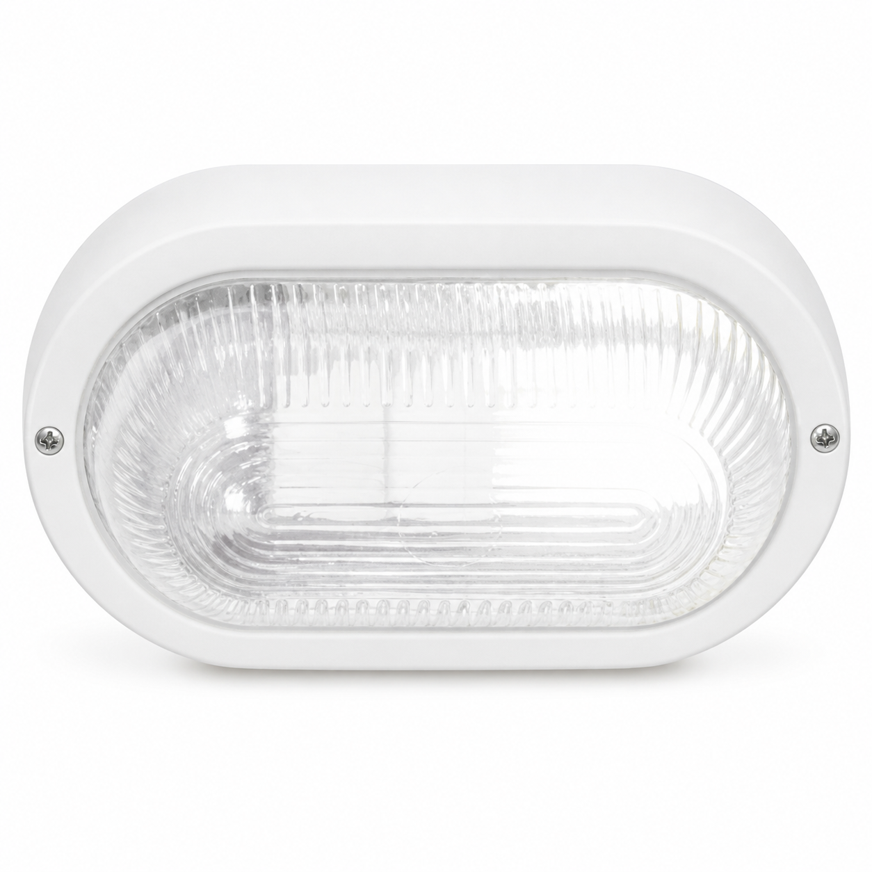 Oval outdoor wall light in white PVC with clear glass cover, showcasing a simple design.